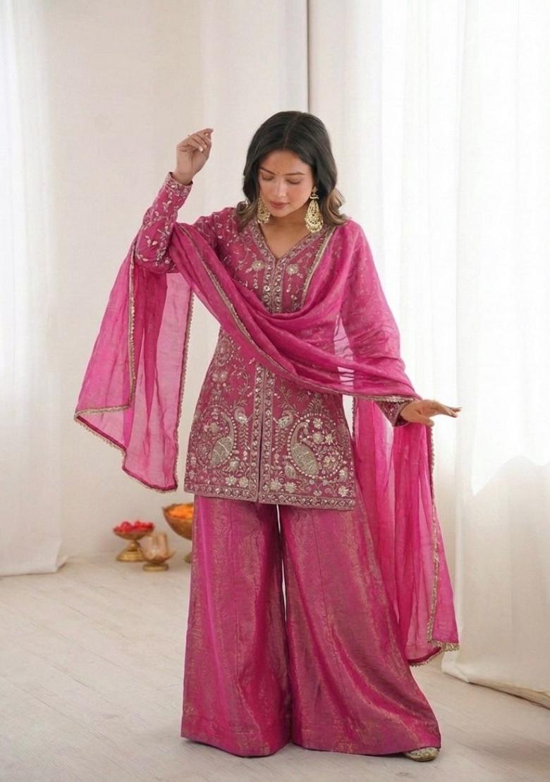 Rani Pink Embroidered Silk Kurta Set - Indya