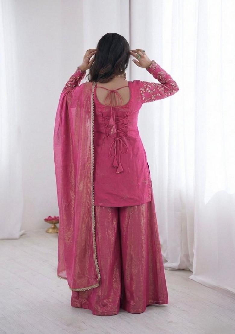 Rani Pink Embroidered Silk Kurta Set - Indya