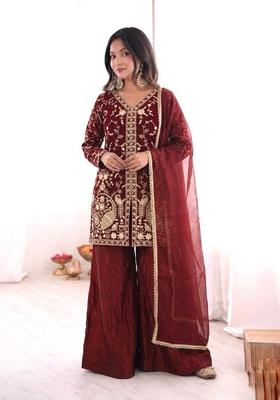 Maroon Embroidered Silk Kurta Set