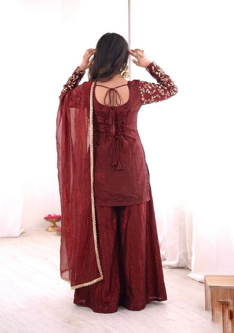 Maroon Embroidered Silk Kurta Set - Indya