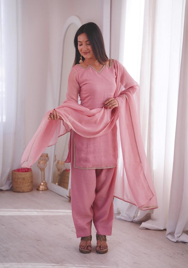 Pink Lace Work Silk Kurta Set - Indya