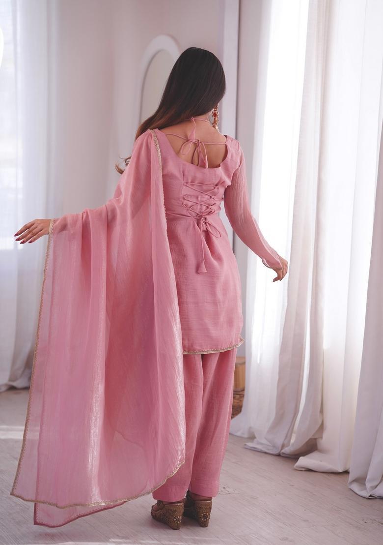 Pink Lace Work Silk Kurta Set - Indya