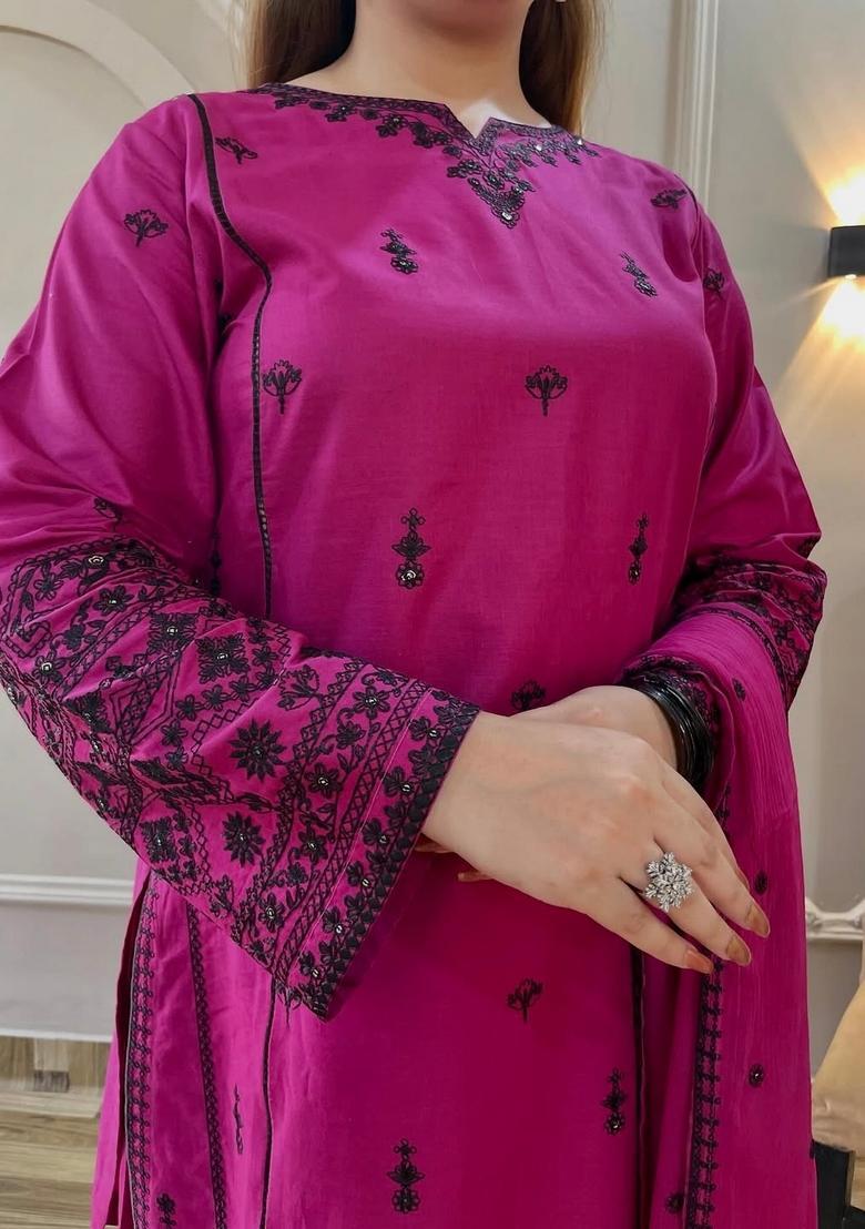 Purple Embroidered Cotton Kurta Set - Indya