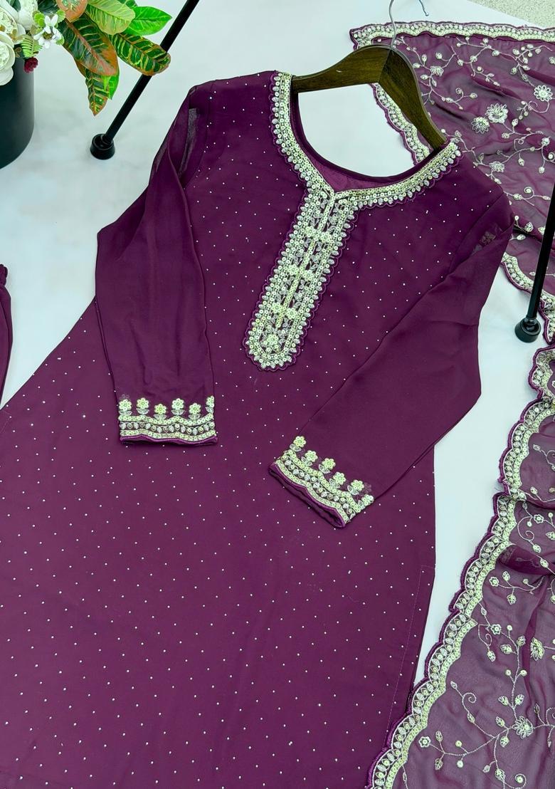 Purple Stone Work Georgette Kurta Set - Indya