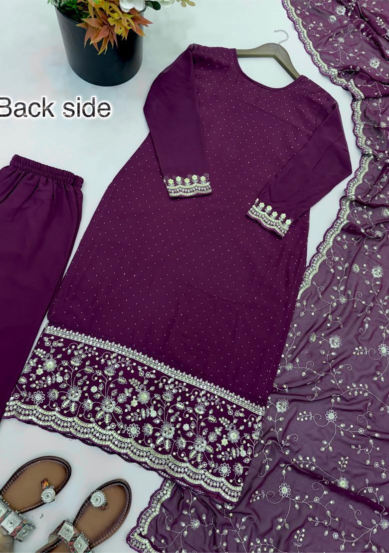 Purple Stone Work Georgette Kurta Set - Indya