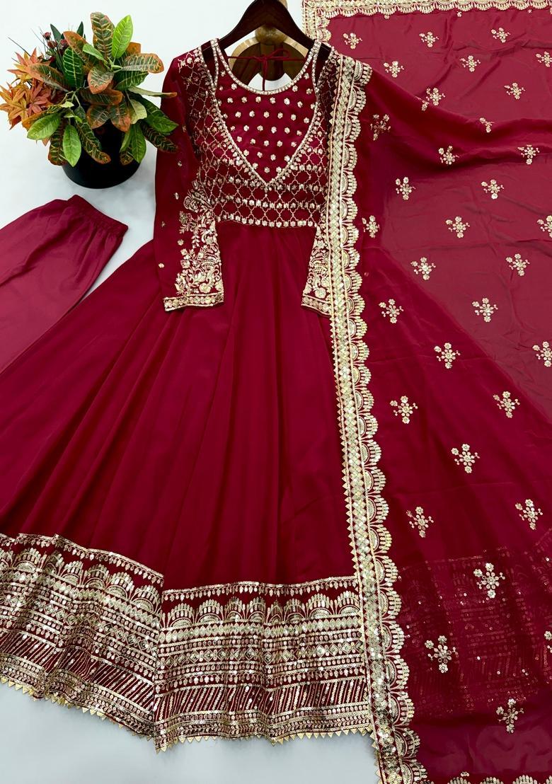 Maroon Embroidered Georgette Anarkali Set - Indya