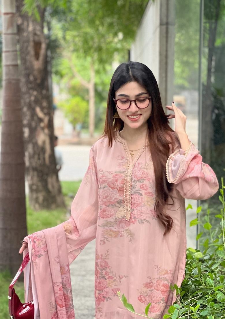 Pink Floral Print Georgette Kurta Set - Indya