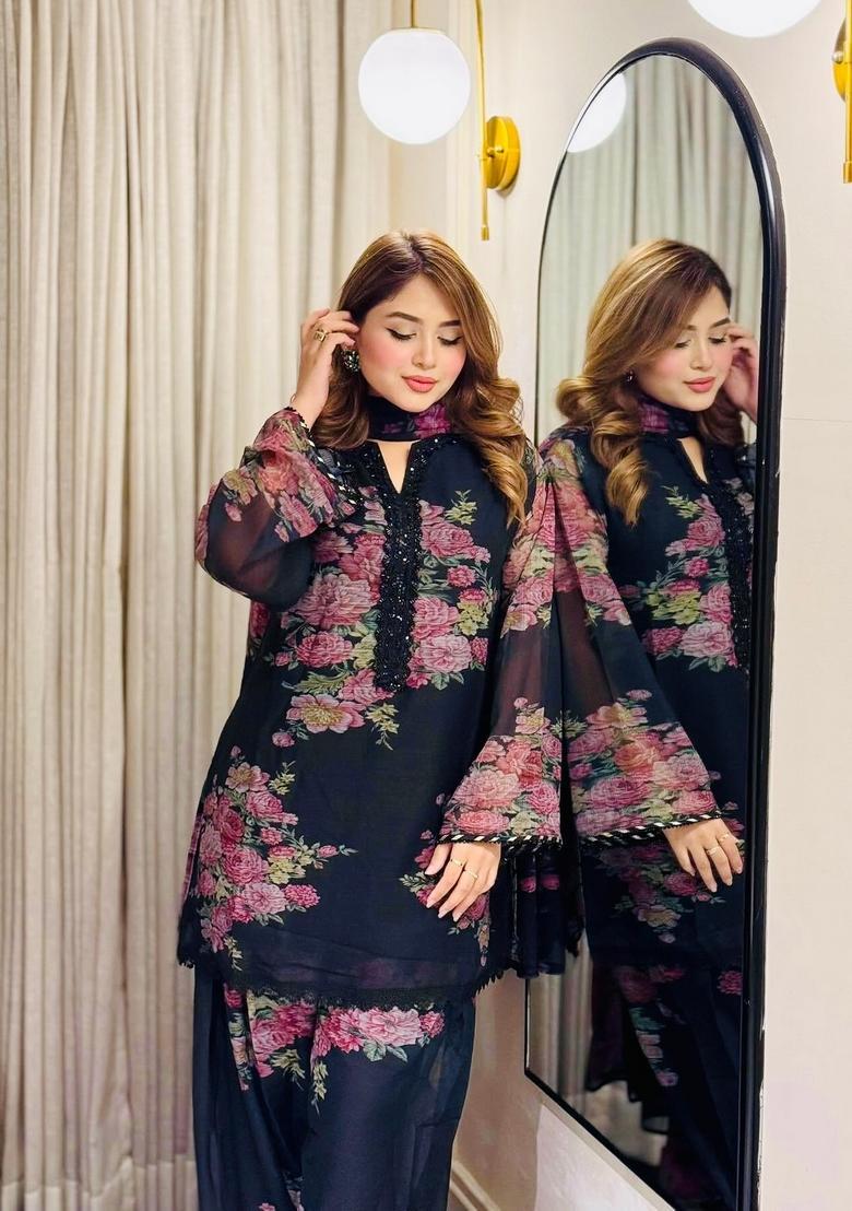 Black Floral Print Georgette Kurta Set - Indya