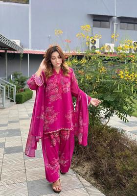 Rani Pink Floral Print Georgette Kurta Set