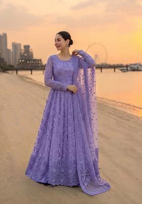 Purple Embroidered Georgette Anarkali With Dupatta