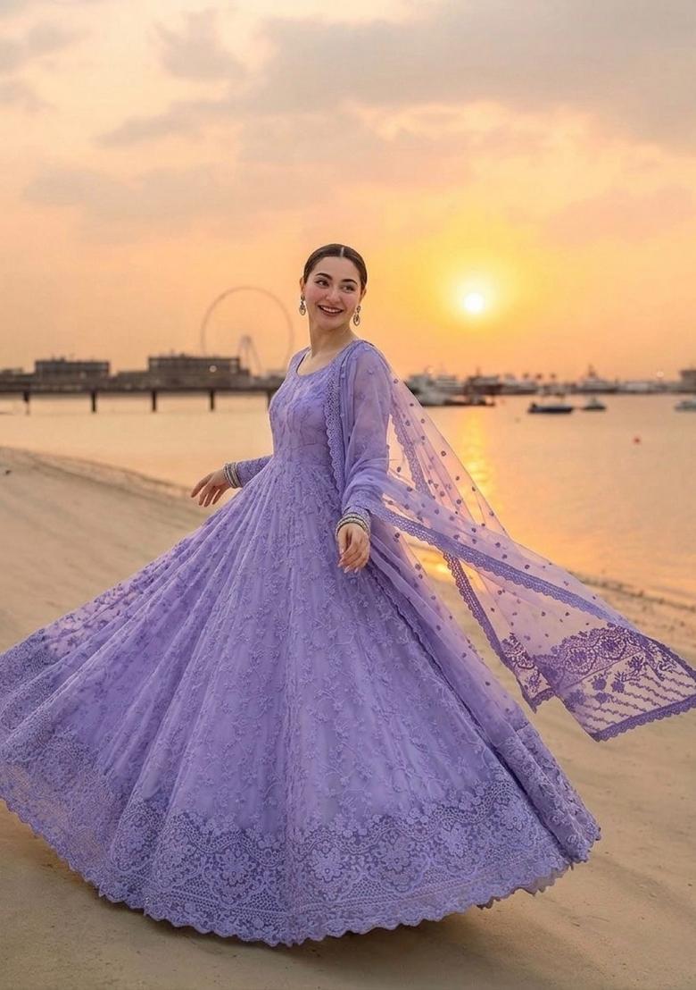 Purple Embroidered Georgette Anarkali With Dupatta - Indya