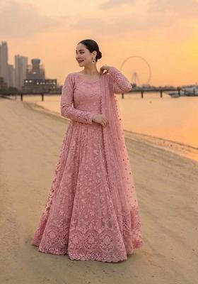 Peach Embroidered Georgette Anarkali With Dupatta