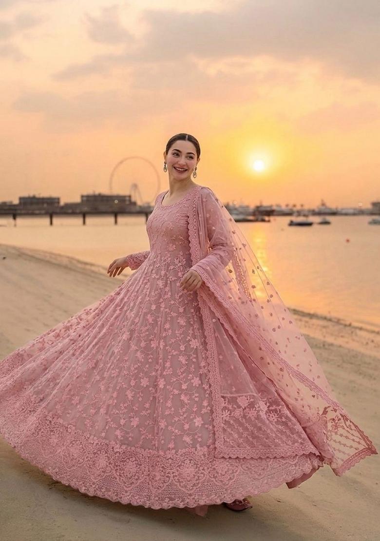 Peach Embroidered Georgette Anarkali With Dupatta - Indya