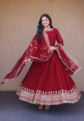 Maroon Embroidered Georgette Anarkali With Dupatta