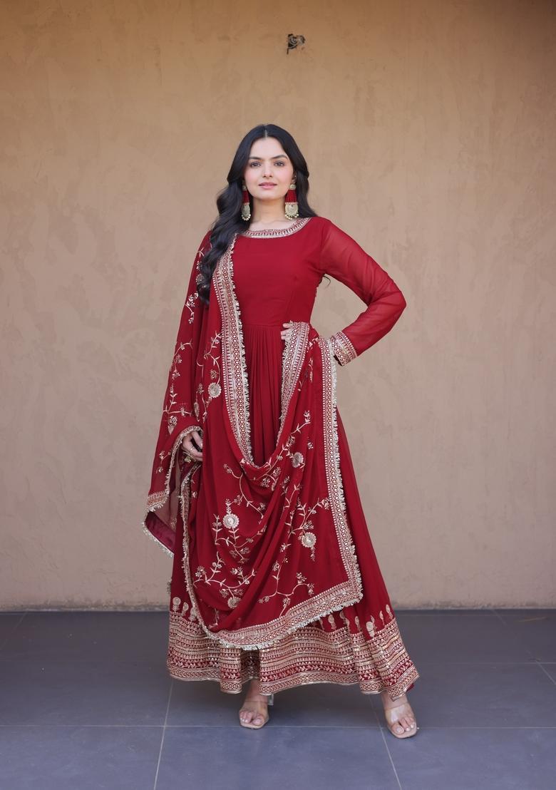 Maroon Embroidered Georgette Anarkali With Dupatta - Indya