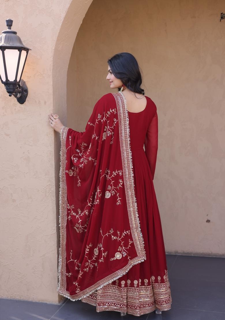 Maroon Embroidered Georgette Anarkali With Dupatta - Indya