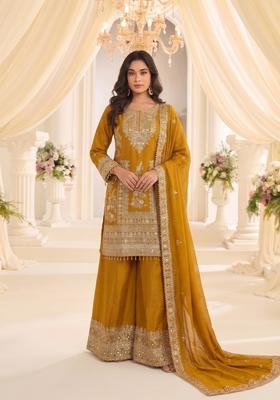 Mustard Embroidered Silk Kurta Set