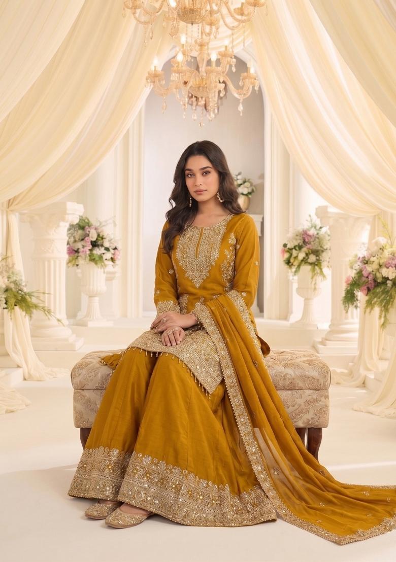 Mustard Embroidered Silk Kurta Set - Indya