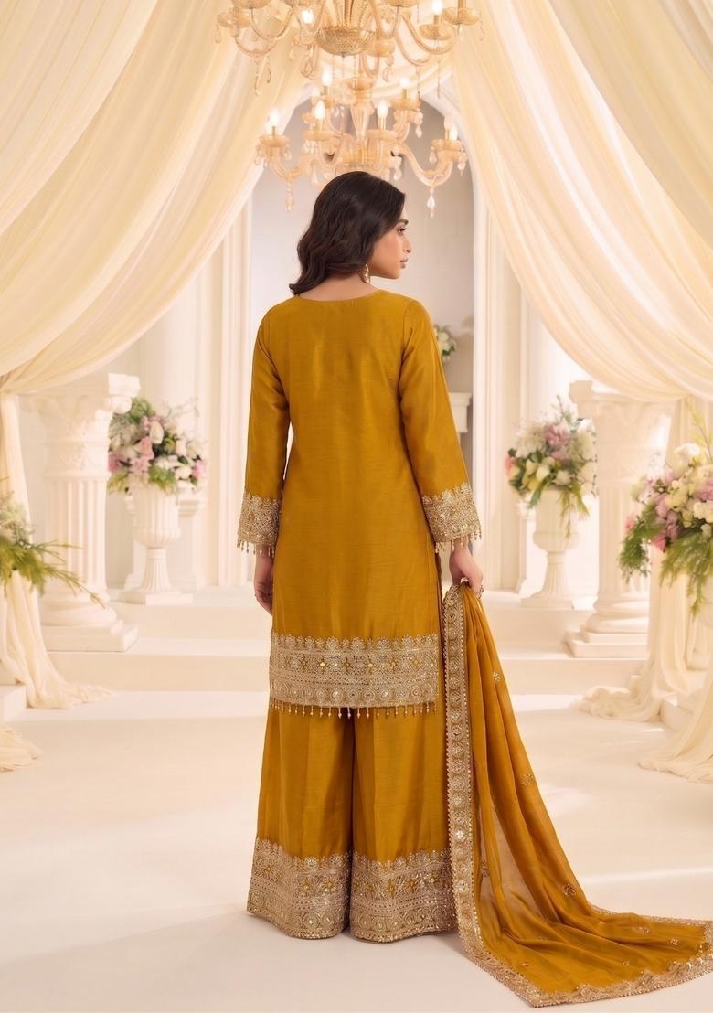 Mustard Embroidered Silk Kurta Set - Indya