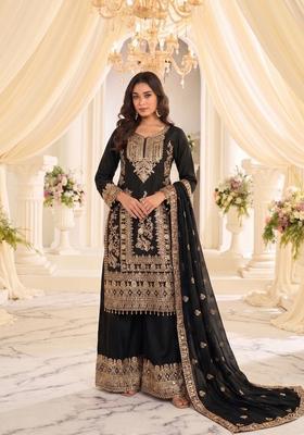 Black Embroidered Silk Kurta Set