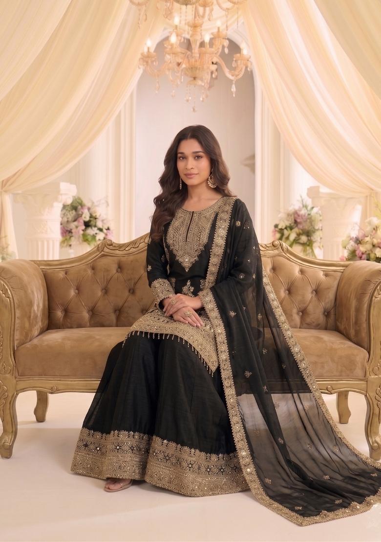 Black Embroidered Silk Kurta Set - Indya