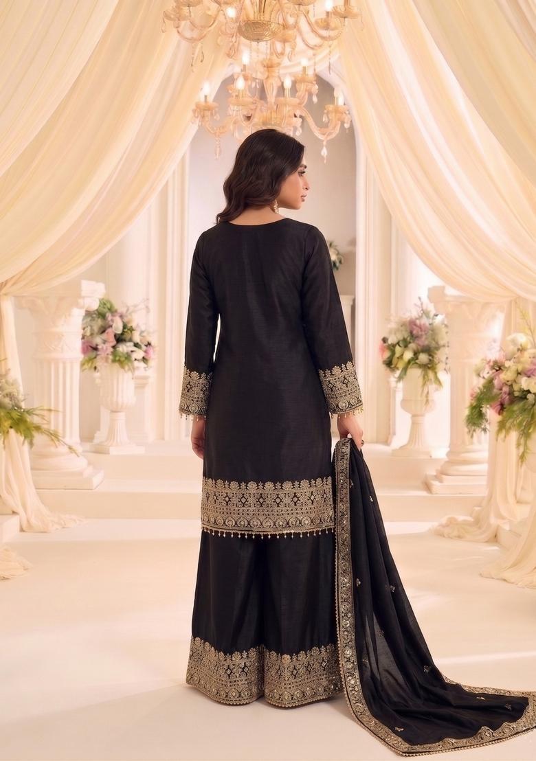 Black Embroidered Silk Kurta Set - Indya