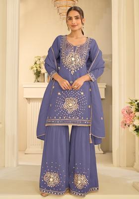Lavender Mirror Work Silk Kurta Set