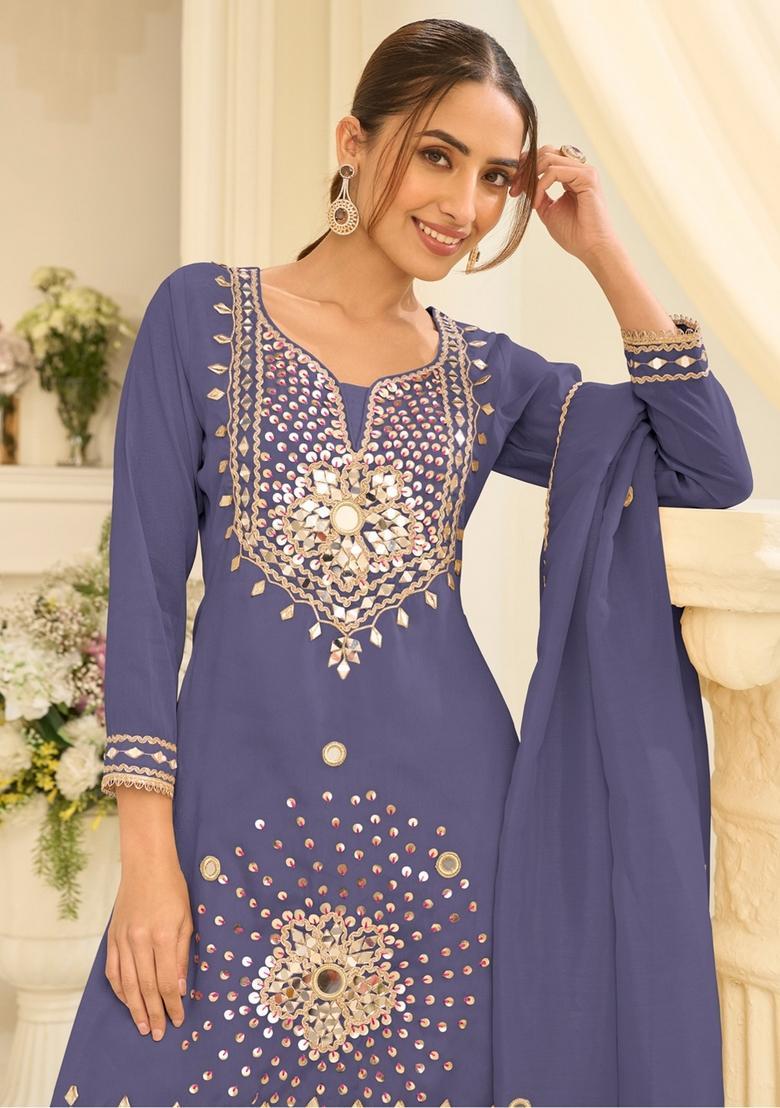 Lavender Mirror Work Silk Kurta Set - Indya