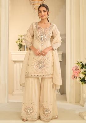 White Mirror Work Silk Kurta Set