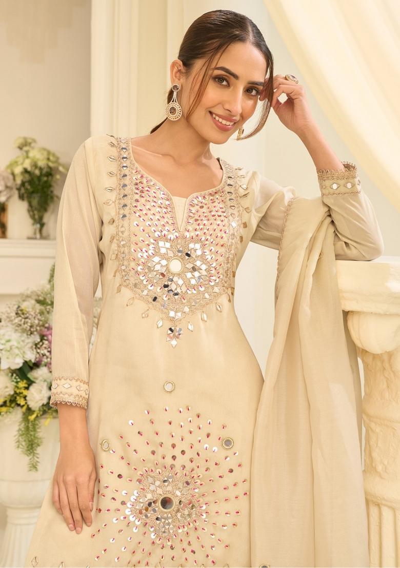 White Mirror Work Silk Kurta Set - Indya