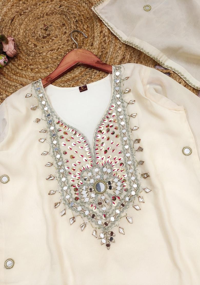 White Mirror Work Silk Kurta Set - Indya