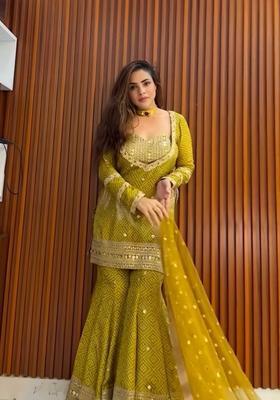 Mustard Embroidered Silk Kurta Set