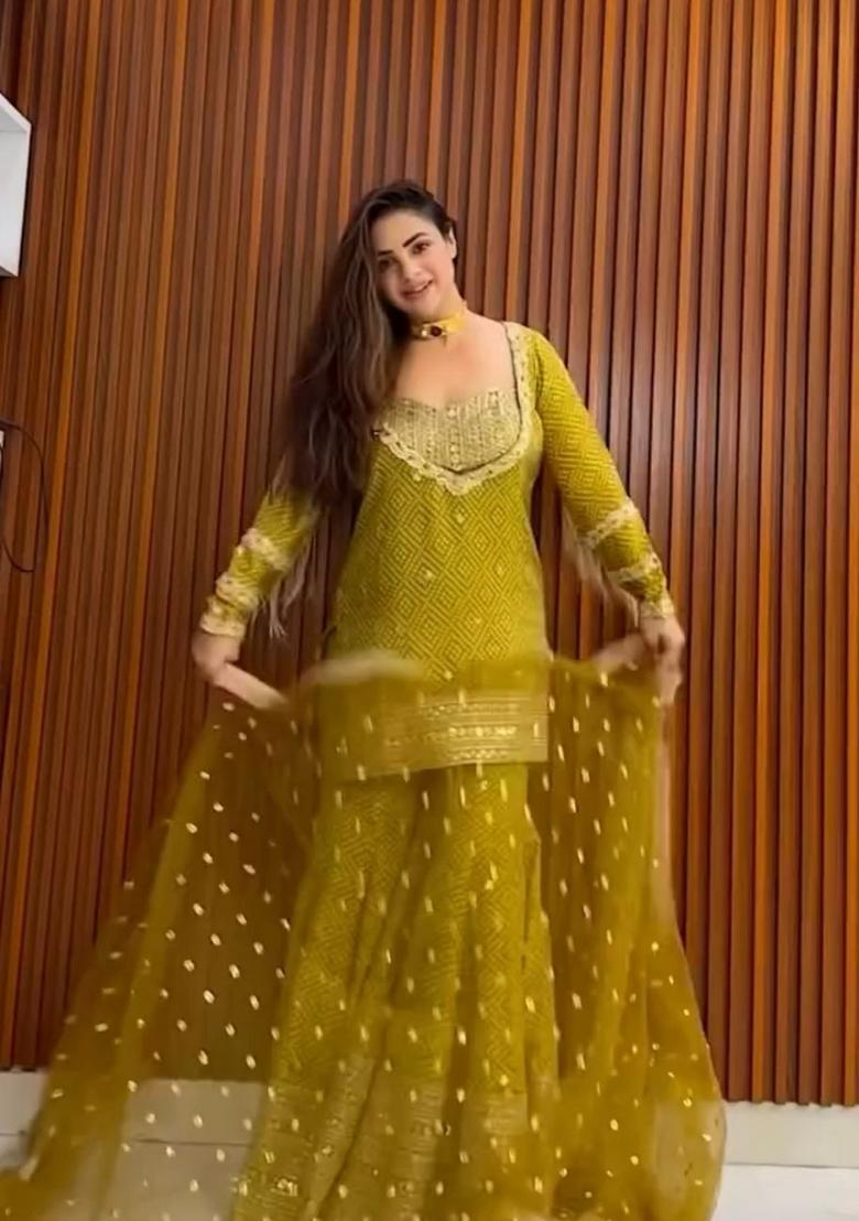 Mustard Embroidered Silk Kurta Set - Indya