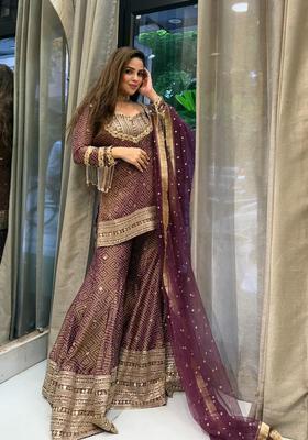 Brown Embroidered Silk Kurta Set