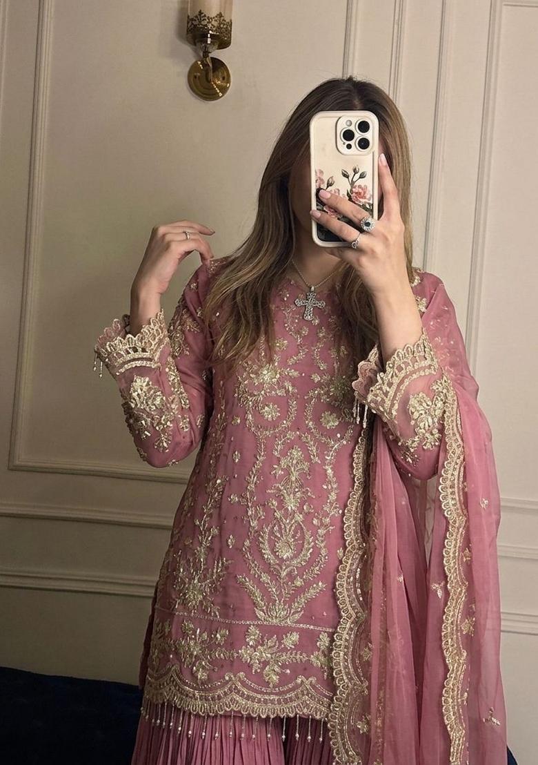 Pink Embroidered Georgette Kurta Set - Indya