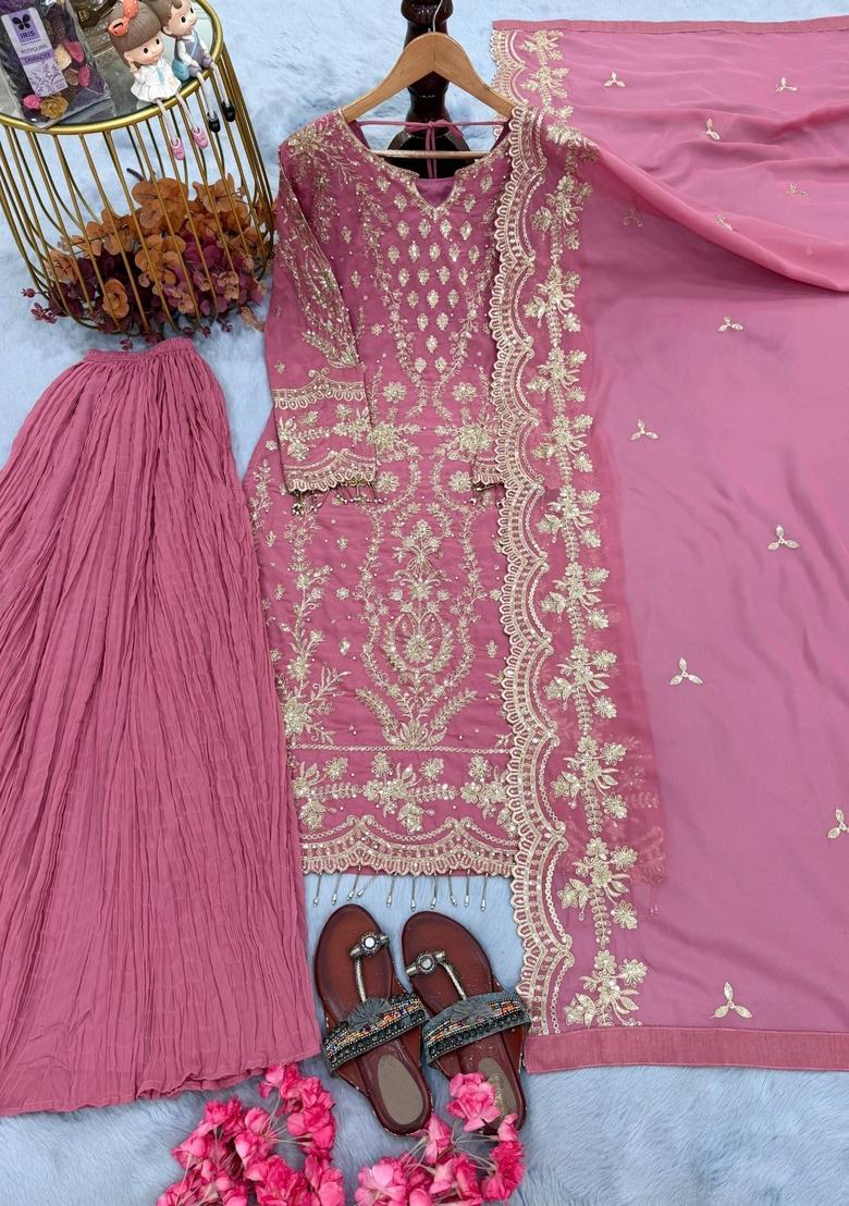 Pink Embroidered Georgette Kurta Set - Indya