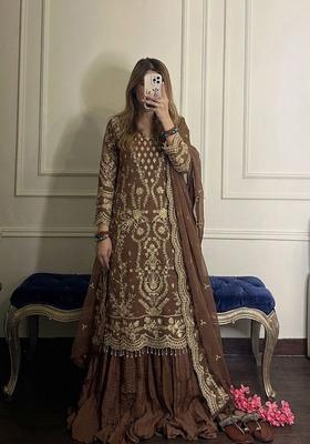 Brown Embroidered Georgette Kurta Set