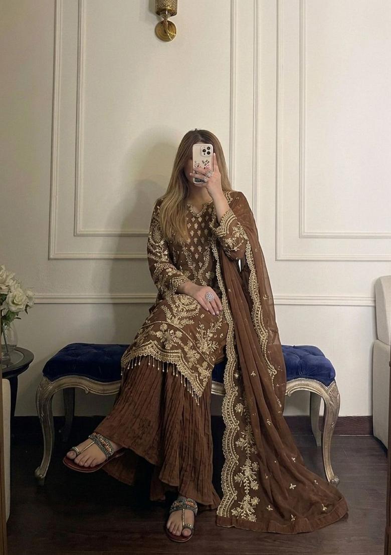 Brown Embroidered Georgette Kurta Set - Indya