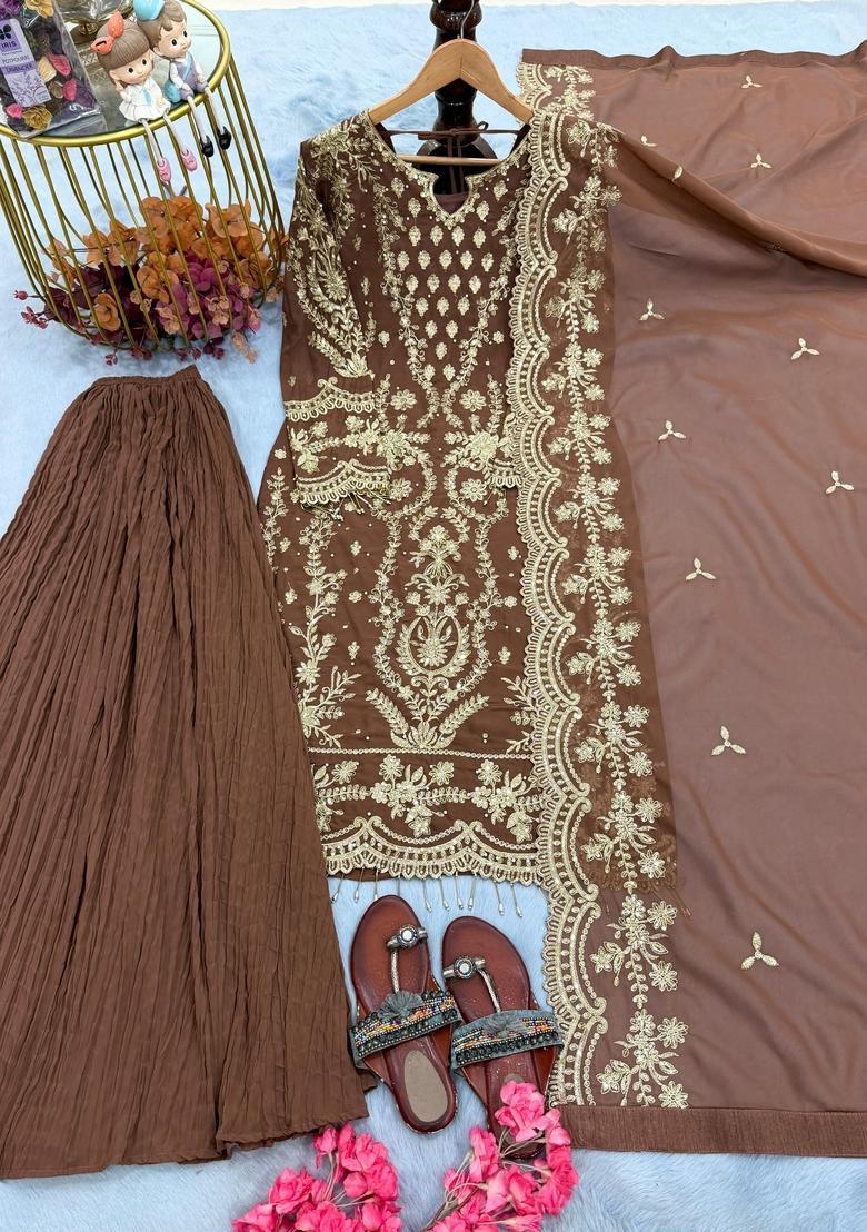 Brown Embroidered Georgette Kurta Set - Indya