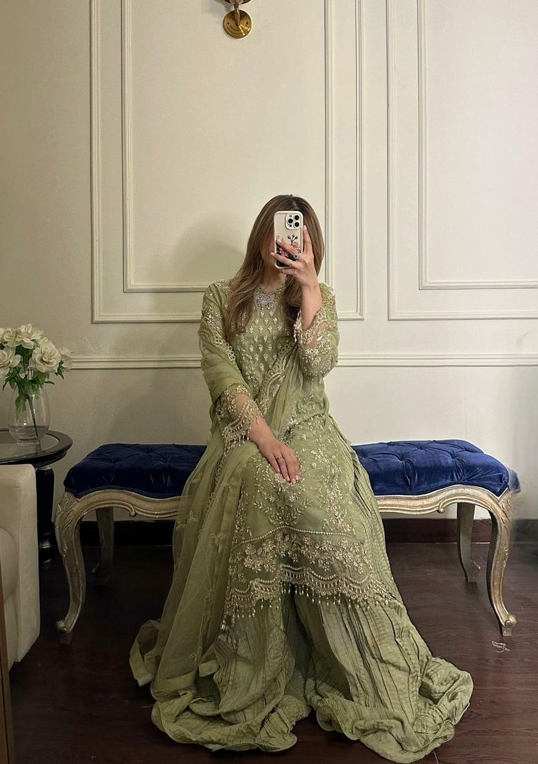 Green Embroidered Georgette Kurta Set - Indya