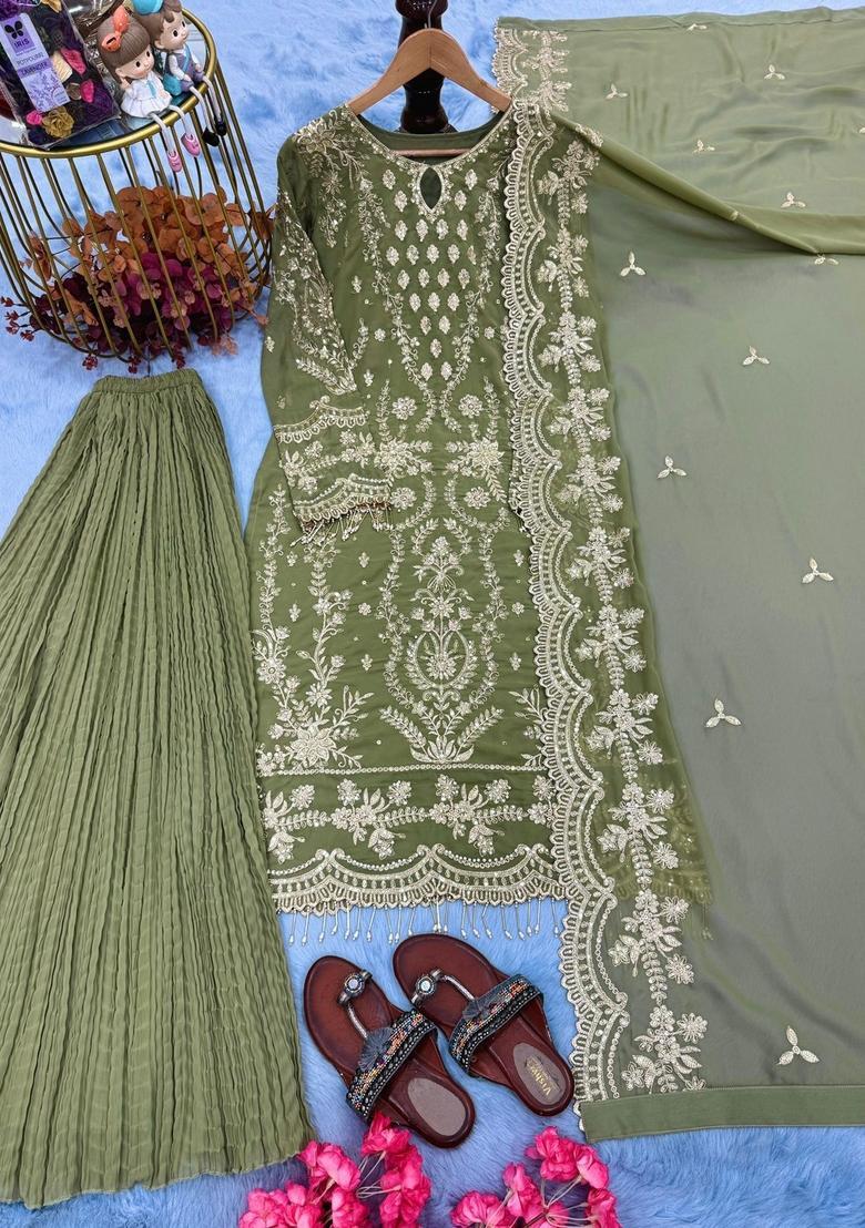 Green Embroidered Georgette Kurta Set - Indya