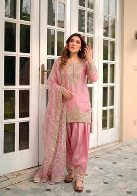 Pink Embroidered Silk Kurta Set
