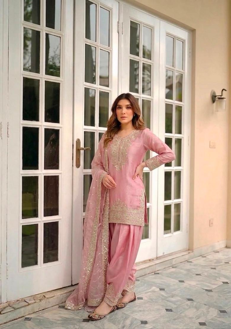 Pink Embroidered Silk Kurta Set - Indya