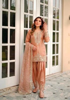Orange Embroidered Silk Kurta Set