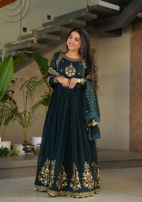 Navy Blue Zari Work Georgette Anarkali With Dupatta