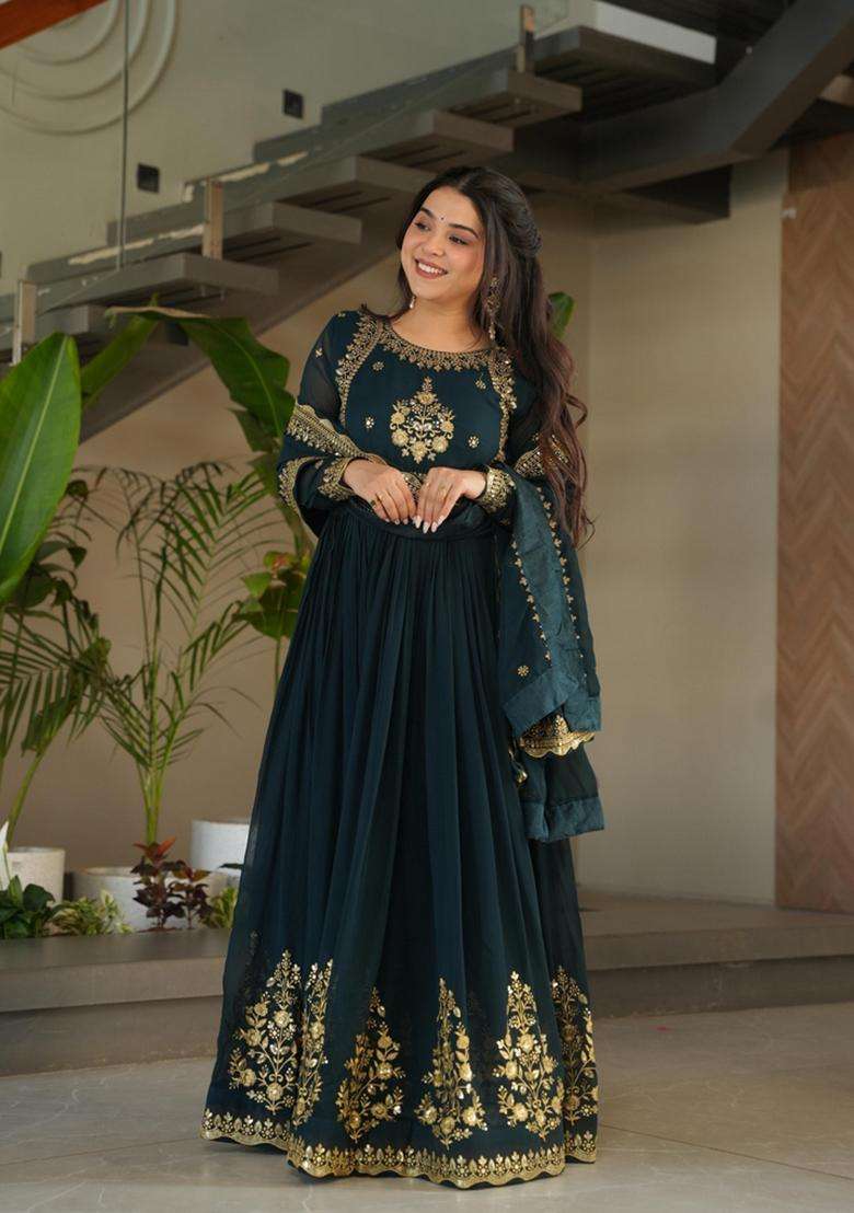 Navy Blue Zari Work Georgette Anarkali With Dupatta - Indya