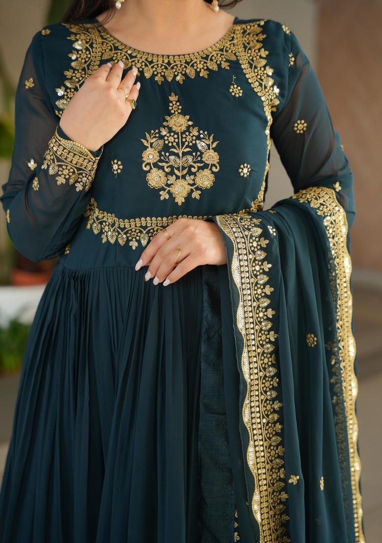 Navy Blue Zari Work Georgette Anarkali With Dupatta - Indya