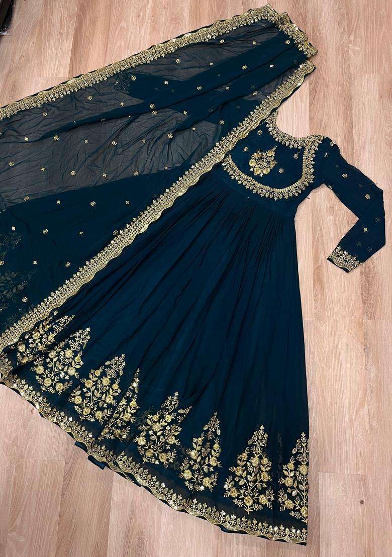 Navy Blue Zari Work Georgette Anarkali With Dupatta - Indya