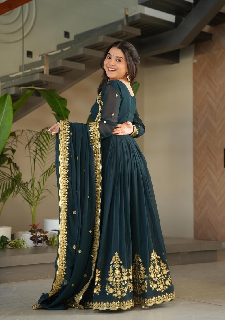 Navy Blue Zari Work Georgette Anarkali With Dupatta - Indya