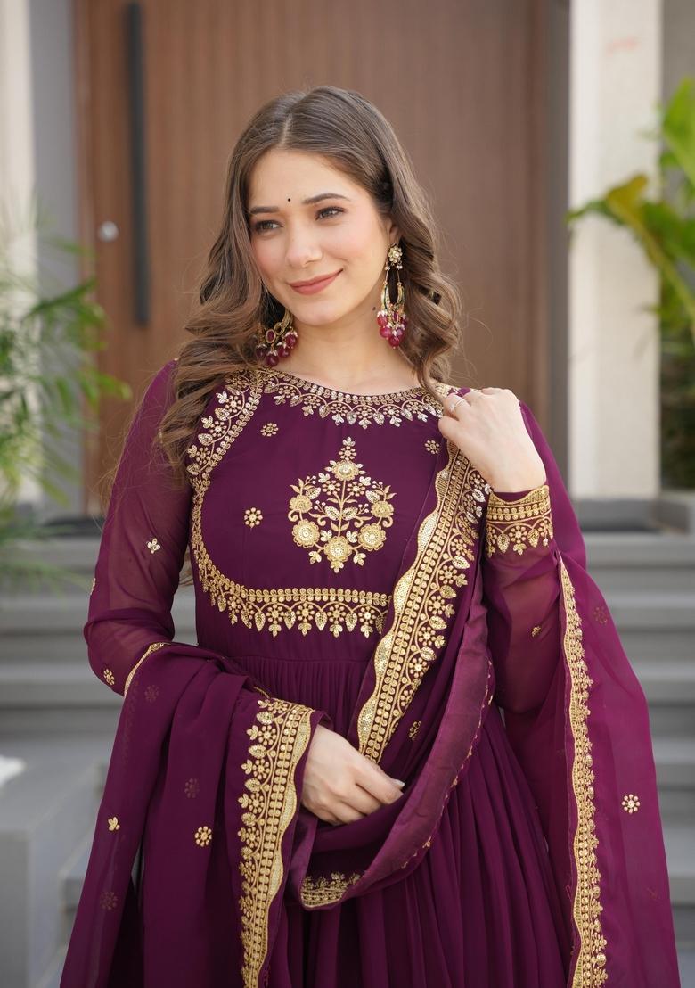 Purple Zari Work Georgette Anarkali With Dupatta - Indya